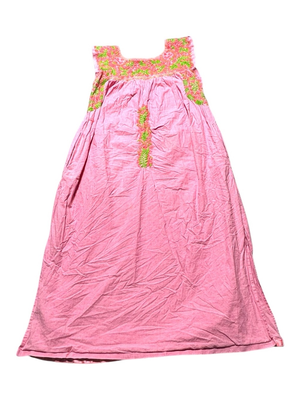 Mi Golondrina Women’s Small Hand Embr Pink Maxi Dress with Lime Green Embroidery